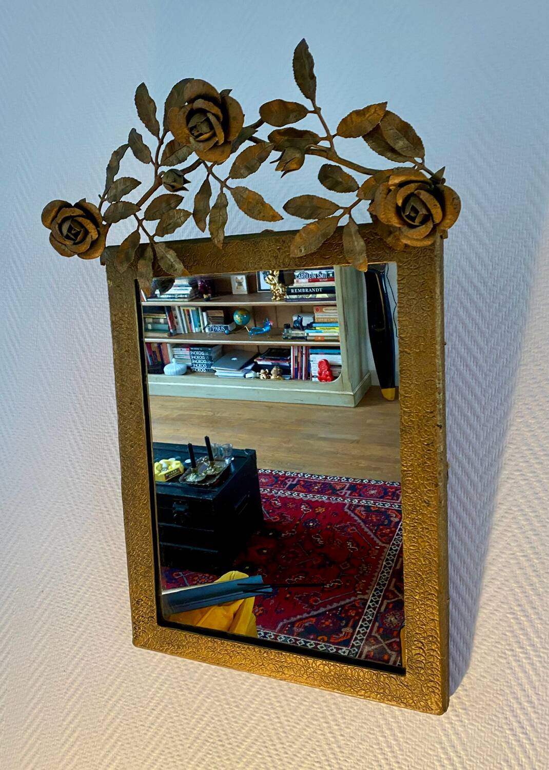 Miroir Mural Vintage Années 70/80 - Fer Forgé Fleurs Et Feuilles, Rond