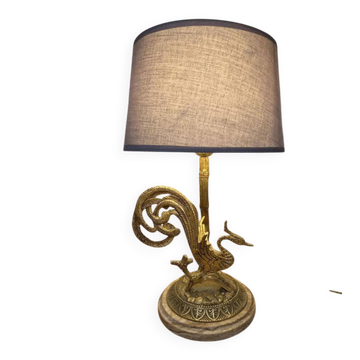 Grande lampe vintage en laiton moulé – Phénix – socle en onyx – années 60/70