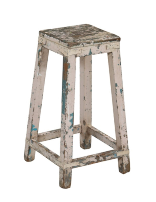 Original patina white Indian white teak top stool