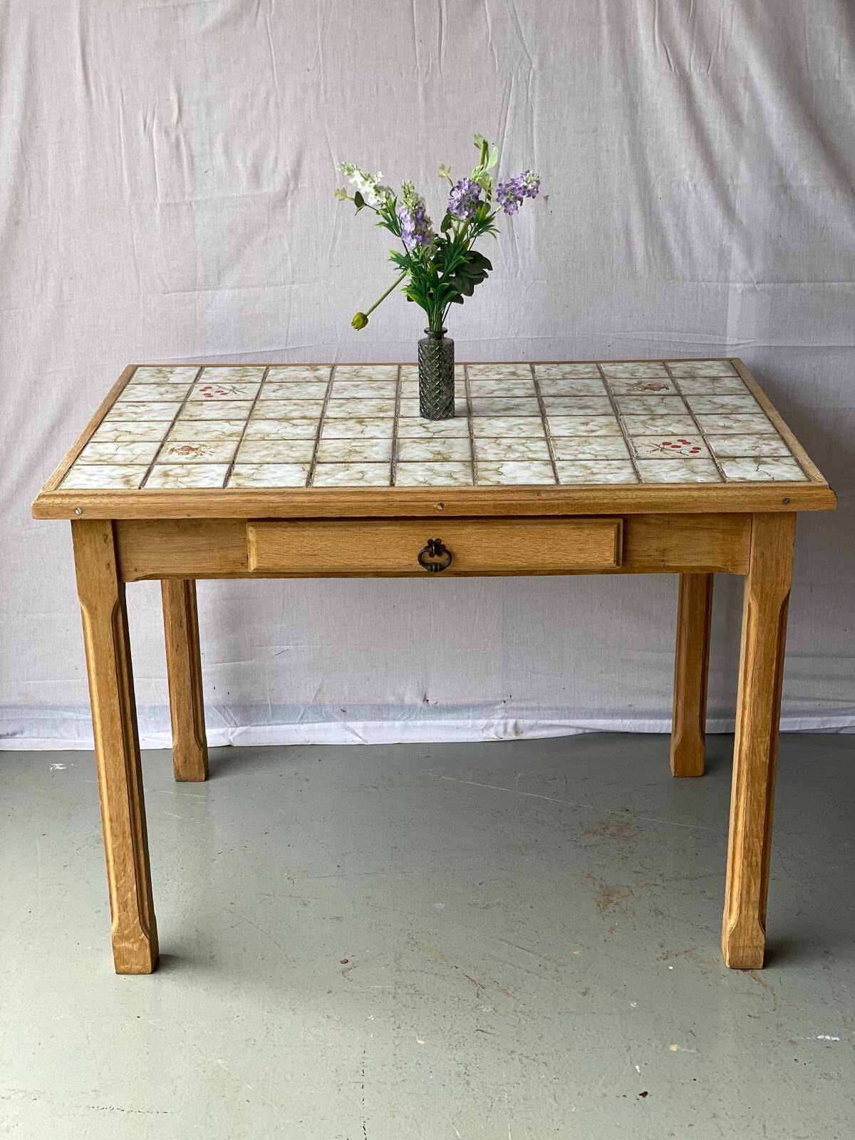 Vintage farmhouse dining table solid wood ceramic tiles 105cm renovated