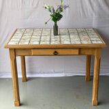 Vintage farmhouse dining table solid wood ceramic tiles 105cm renovated
