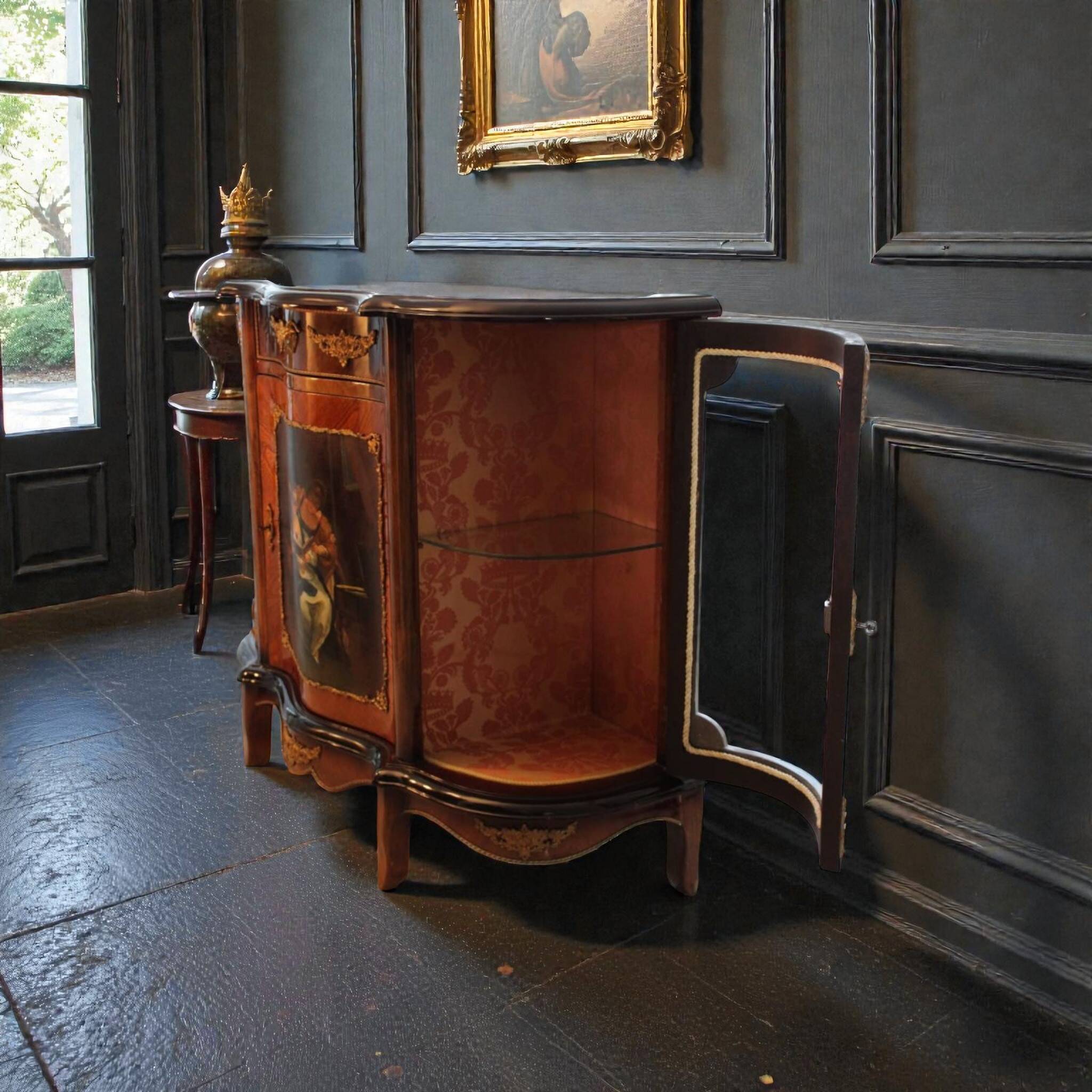 Buffet Louis XV – Peinture centrale et marqueterie bronze