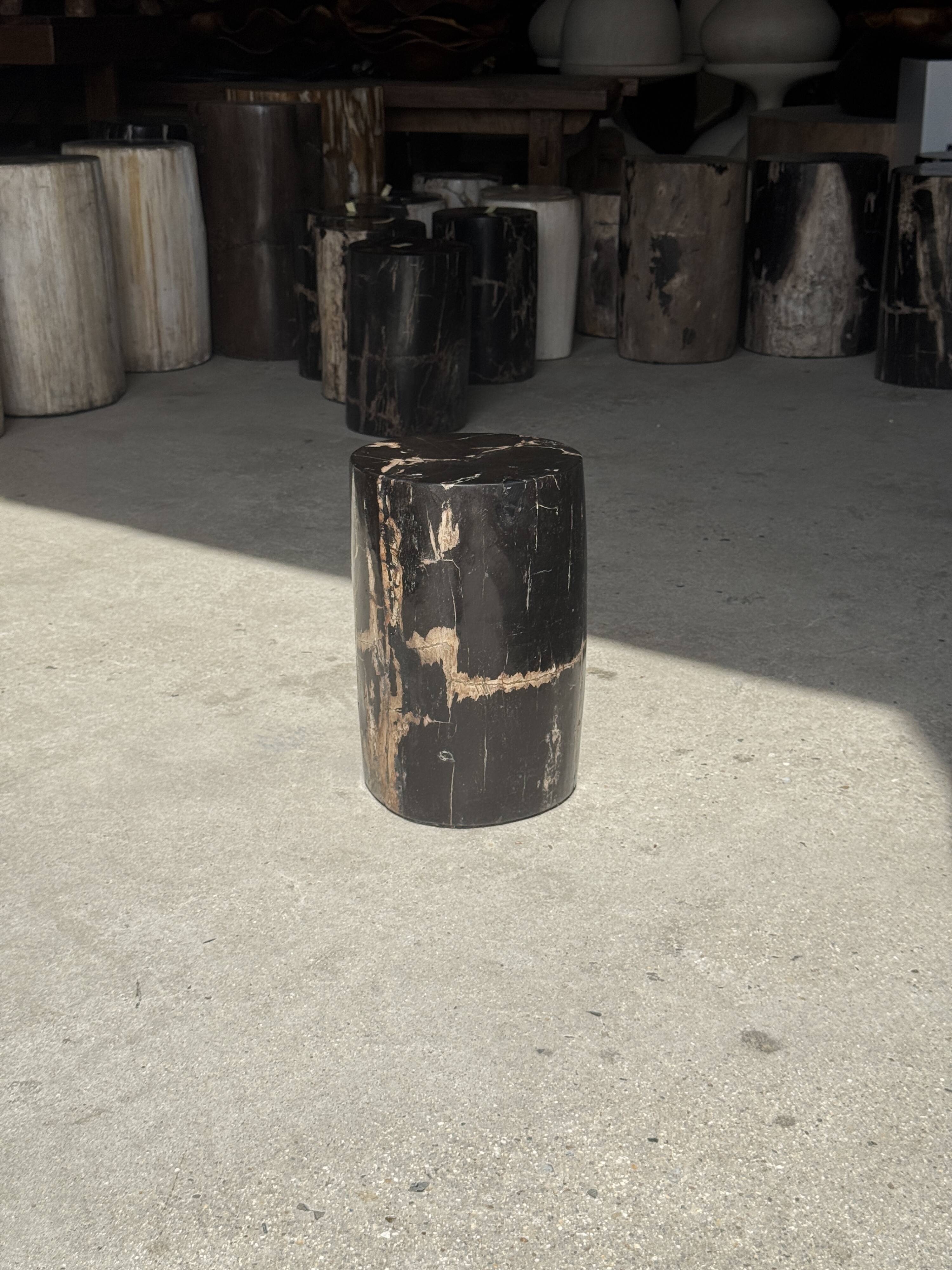 Small side table in black petrified wood with stripes and beige bottom H28.