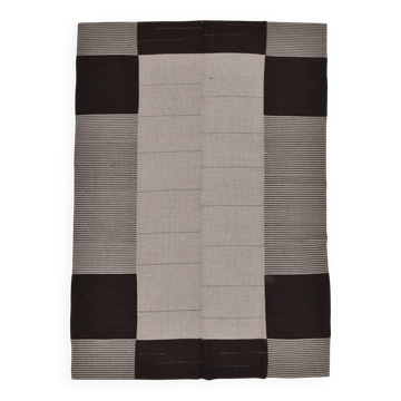Tapis Kilim Moderne, Fait Main, Noir & Gris, Style Contemporain, 225x320 Cm