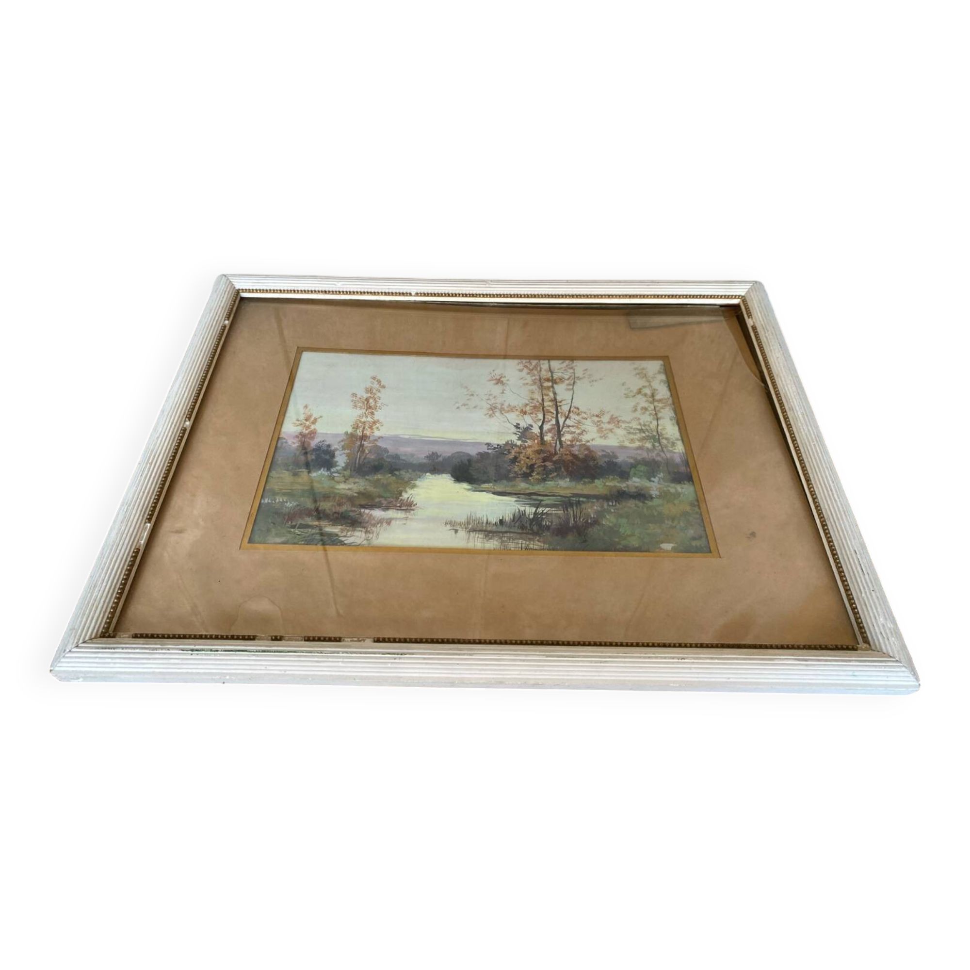 Old oil color landscape + vintage white wood frame