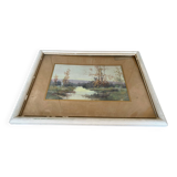Old oil color landscape + vintage white wood frame