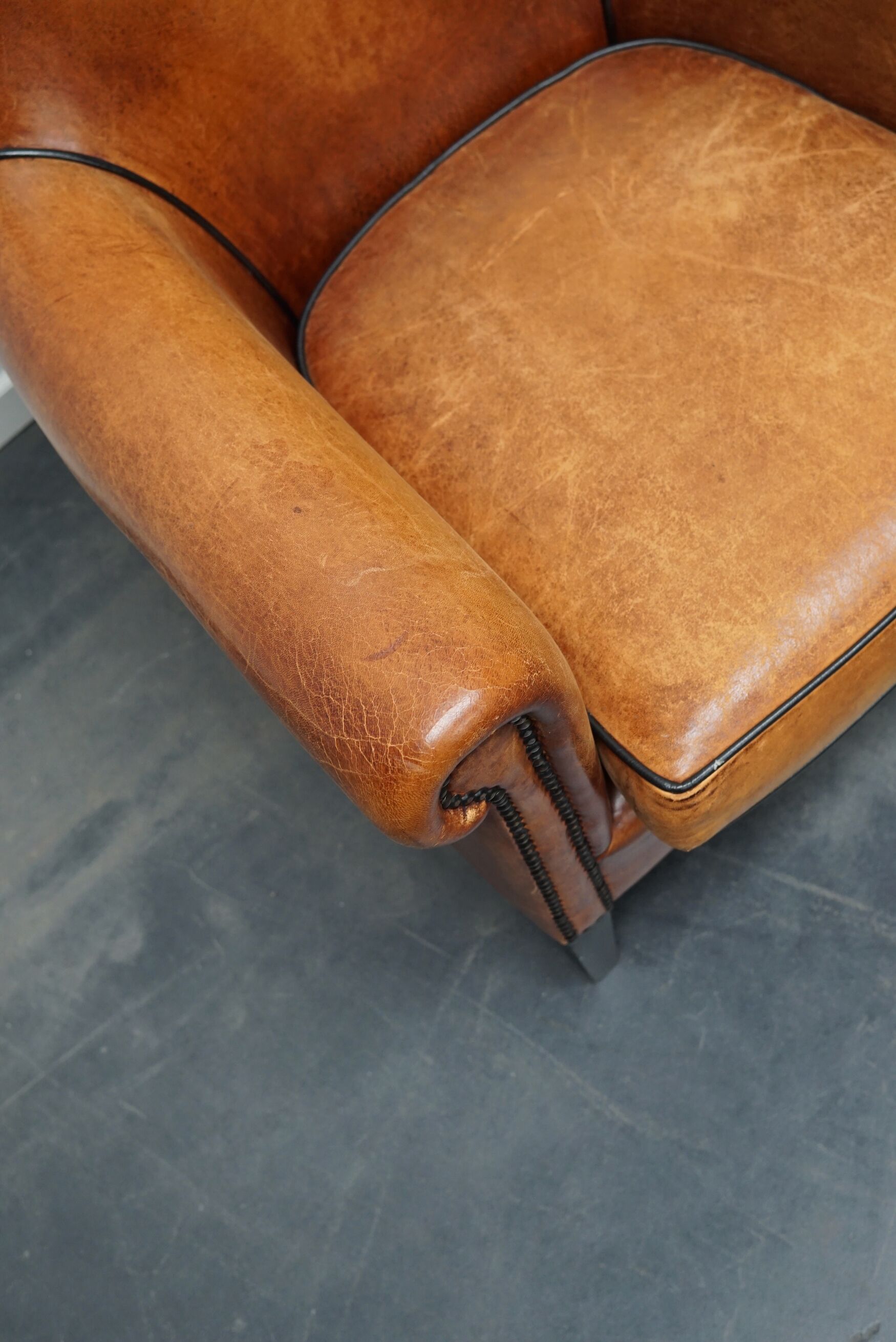 Fauteuil club en cuir vintage hollandais de couleur cognac, ensemble de 2