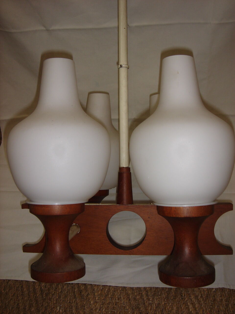 Scandinavian teak chandelier white opaline 1950
