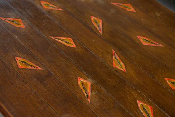 Rustic oak table with ceramic inlays by a student of Joseph Savina 1950s