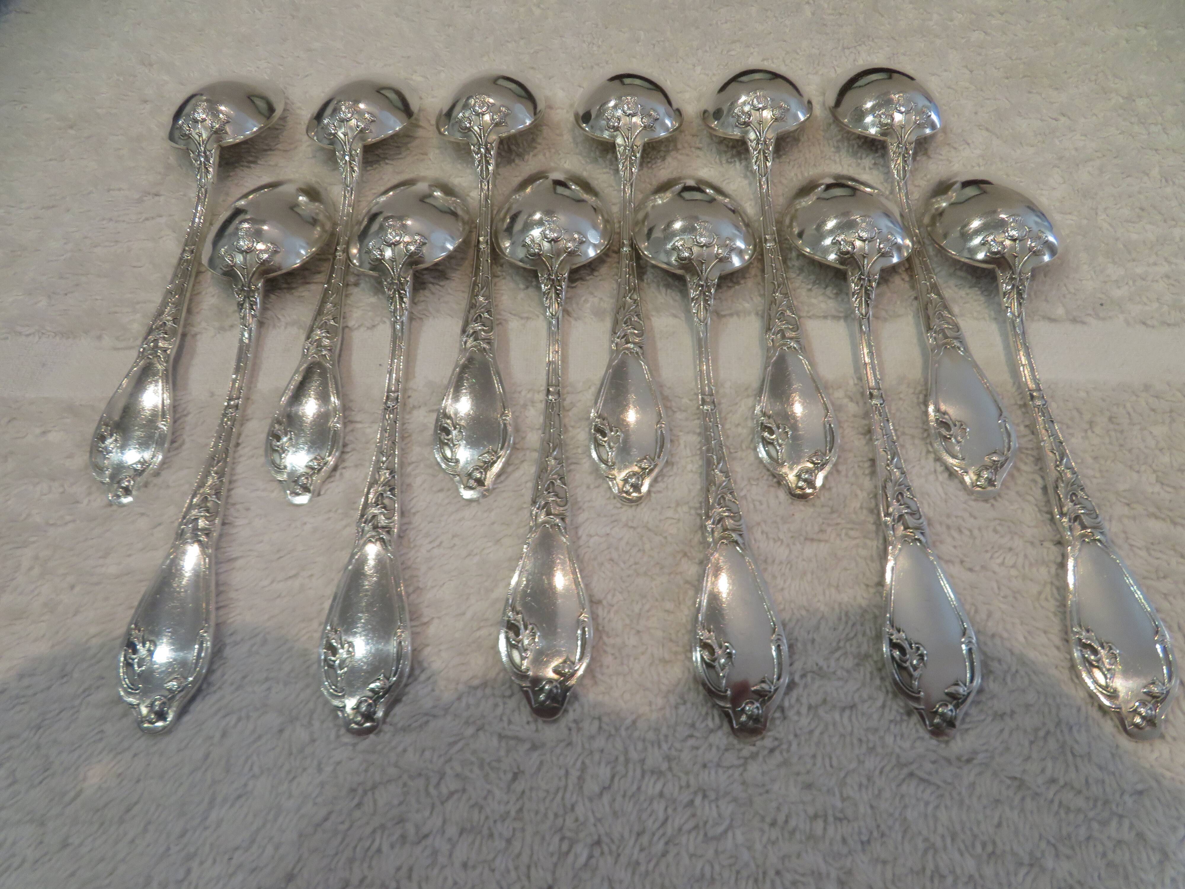12 silver-plated coffee spoons by Boulenger, Art Nouveau thistles