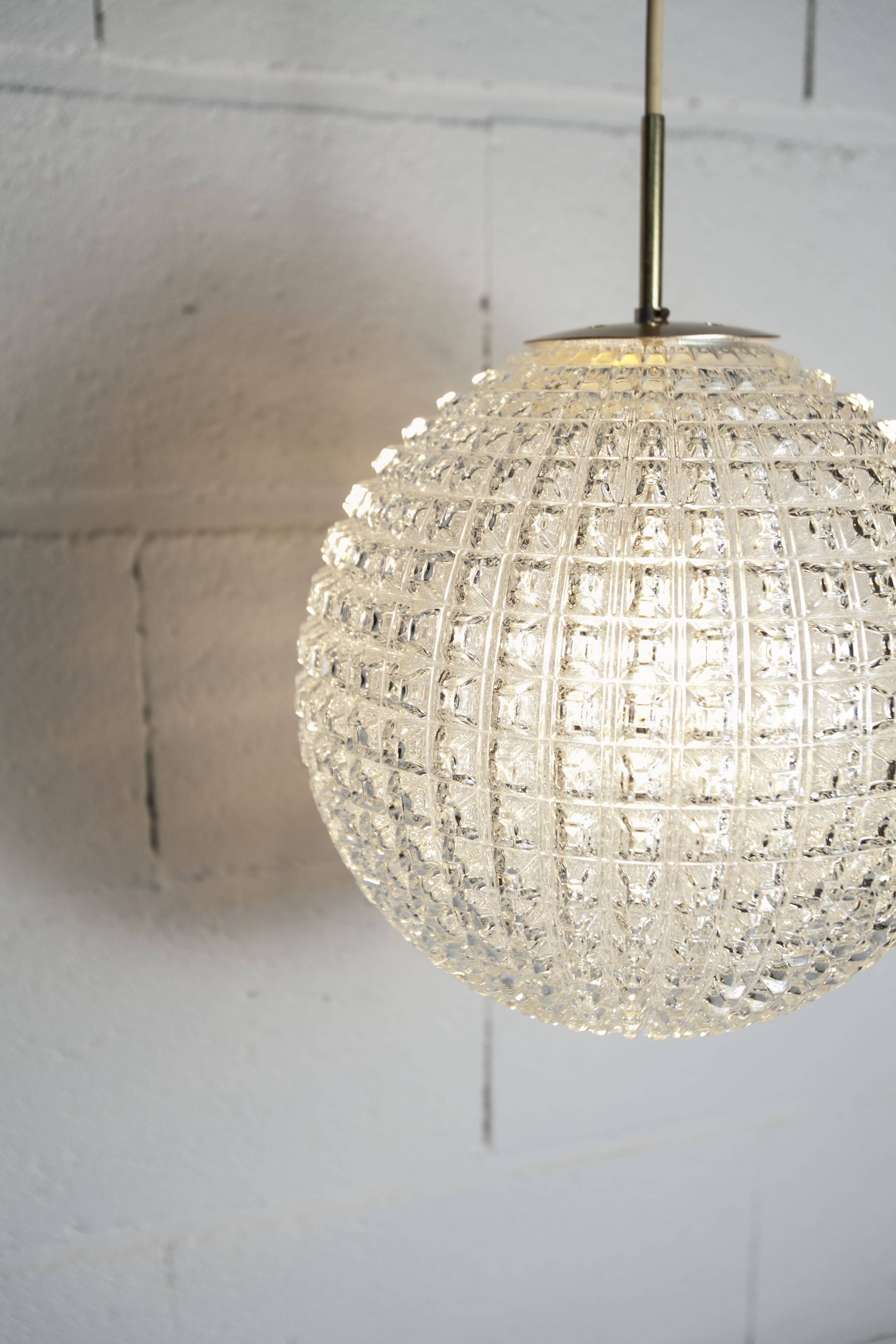 1960s Holophane Ball Pendant Chandelier, Thick Glass, 30 cm, and Vintage Brass