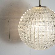 1960s Holophane Ball Pendant Chandelier, Thick Glass, 30 cm, and Vintage Brass