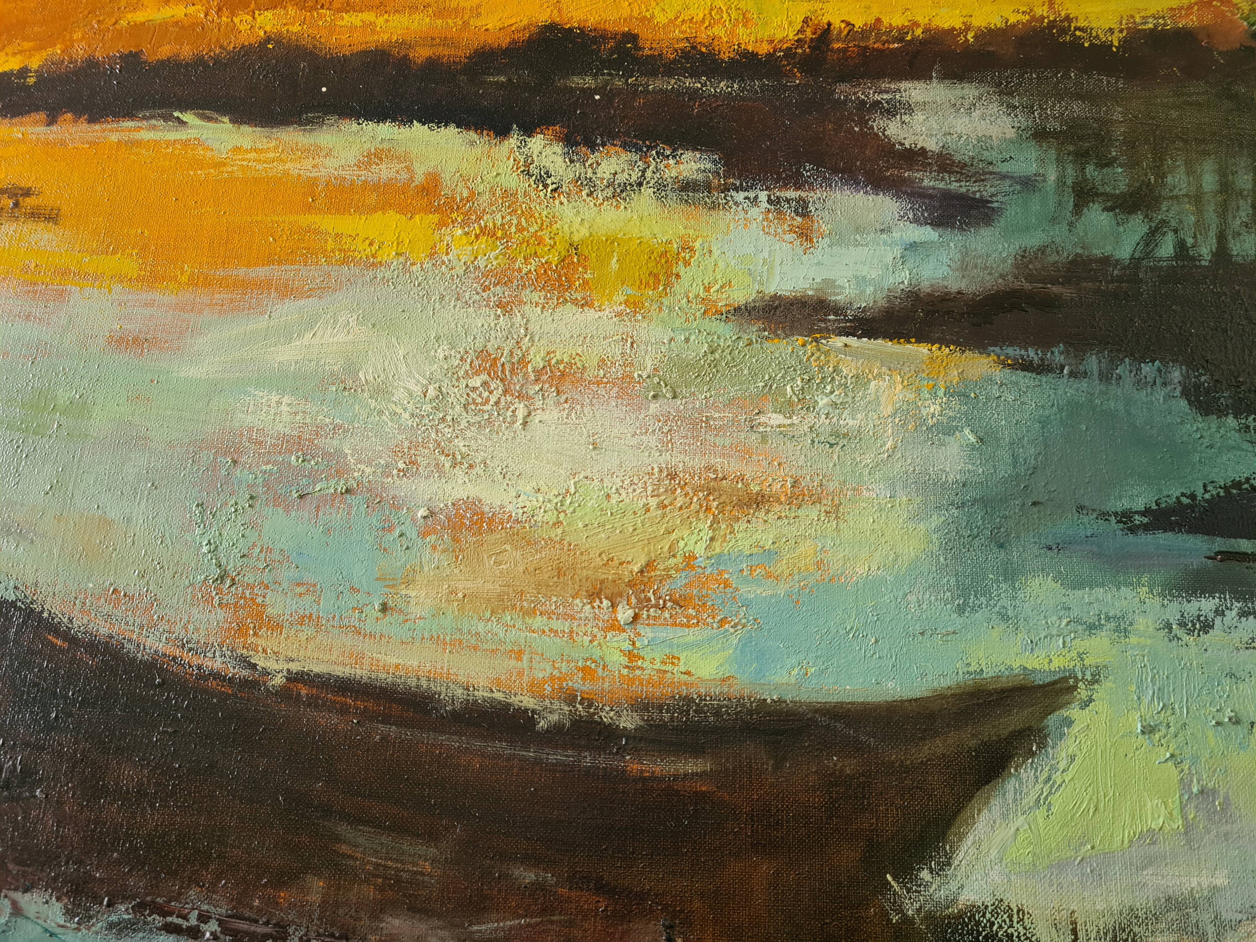 Boat at sunset, oil by Nicole Guieu