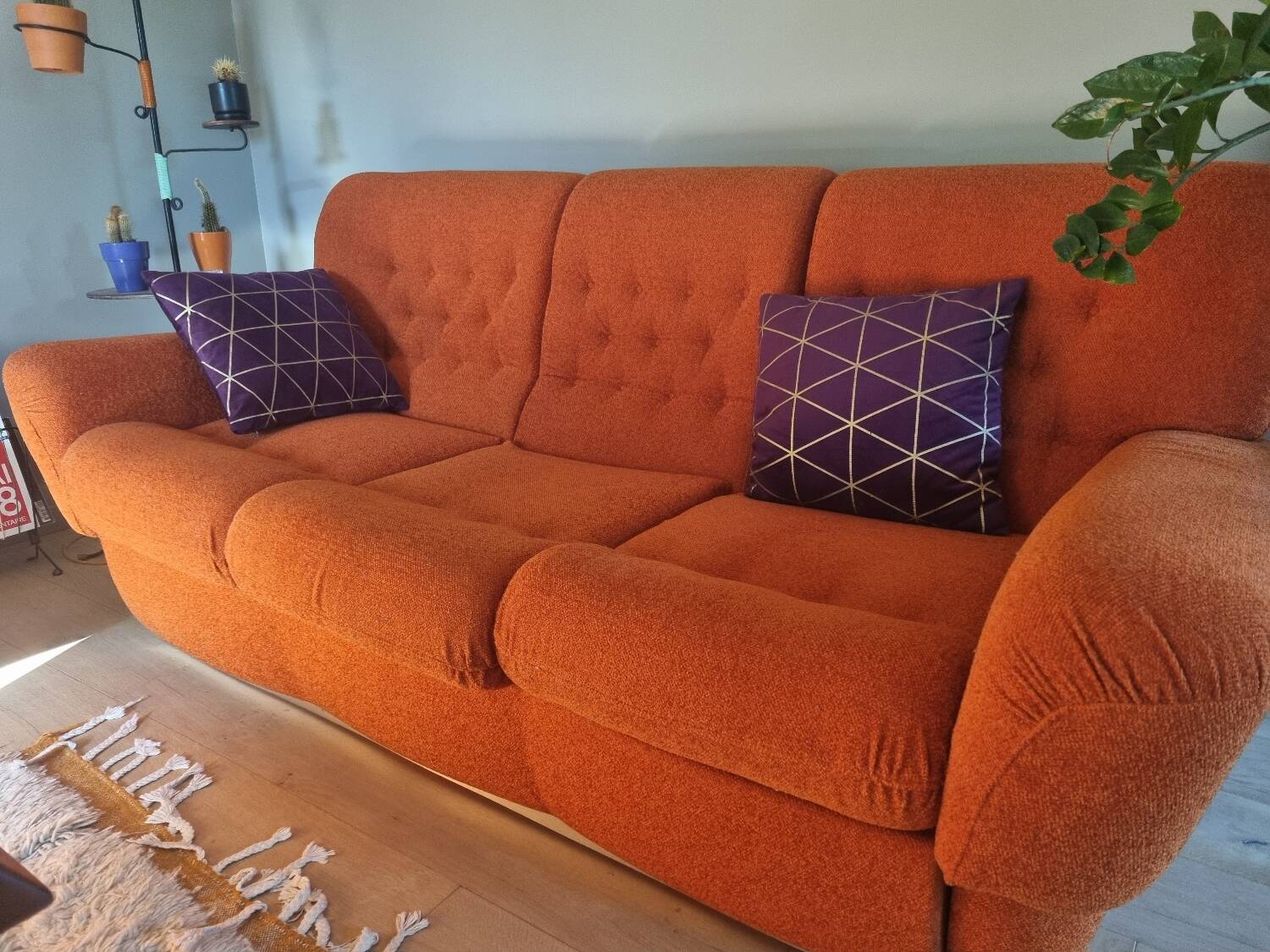 Set of seventies orange sofa and armchairs