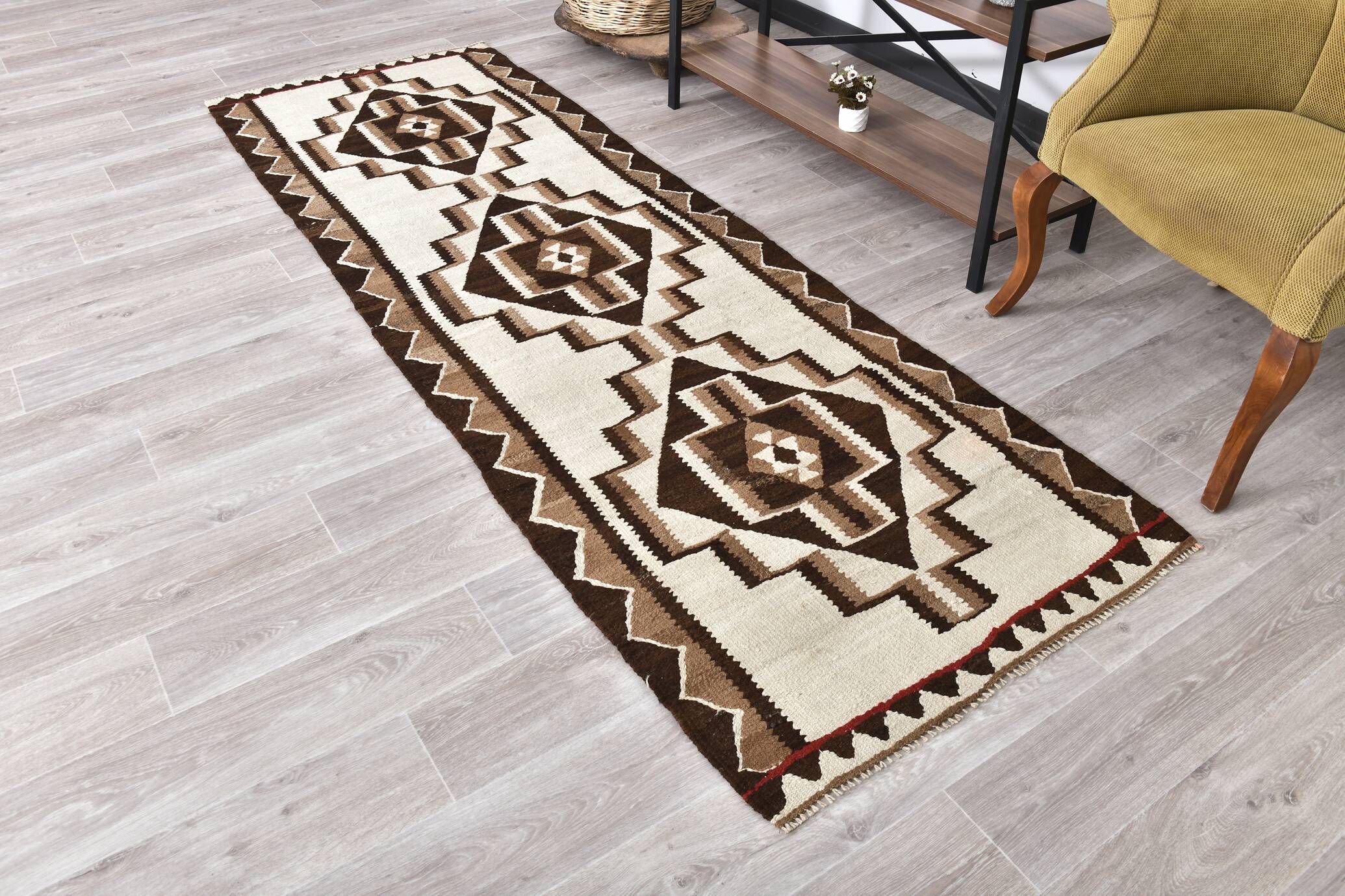 3x9 Brown Cream Turkish Kilim Runner Rug