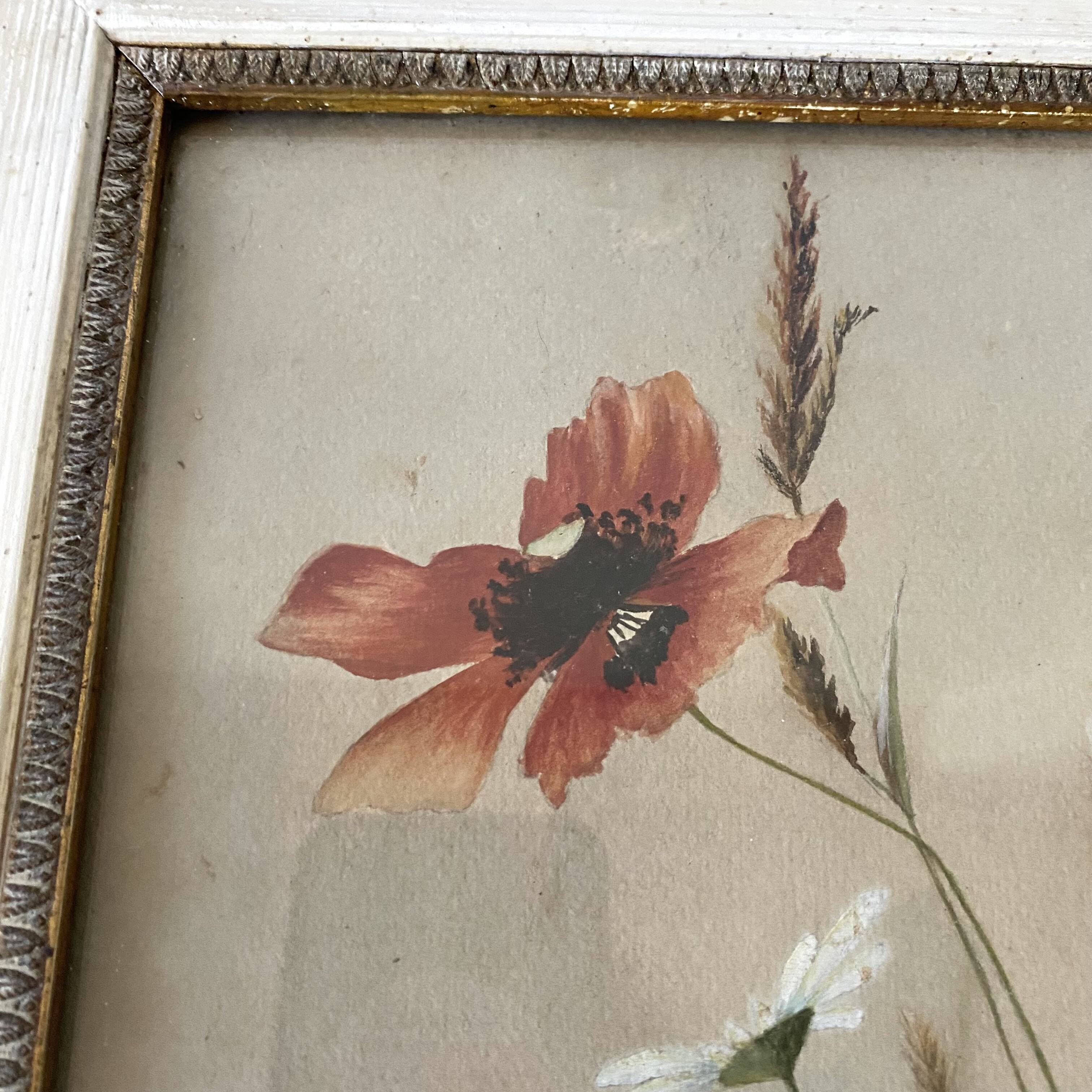 Triptych of old watercolors, flowers, 19th century