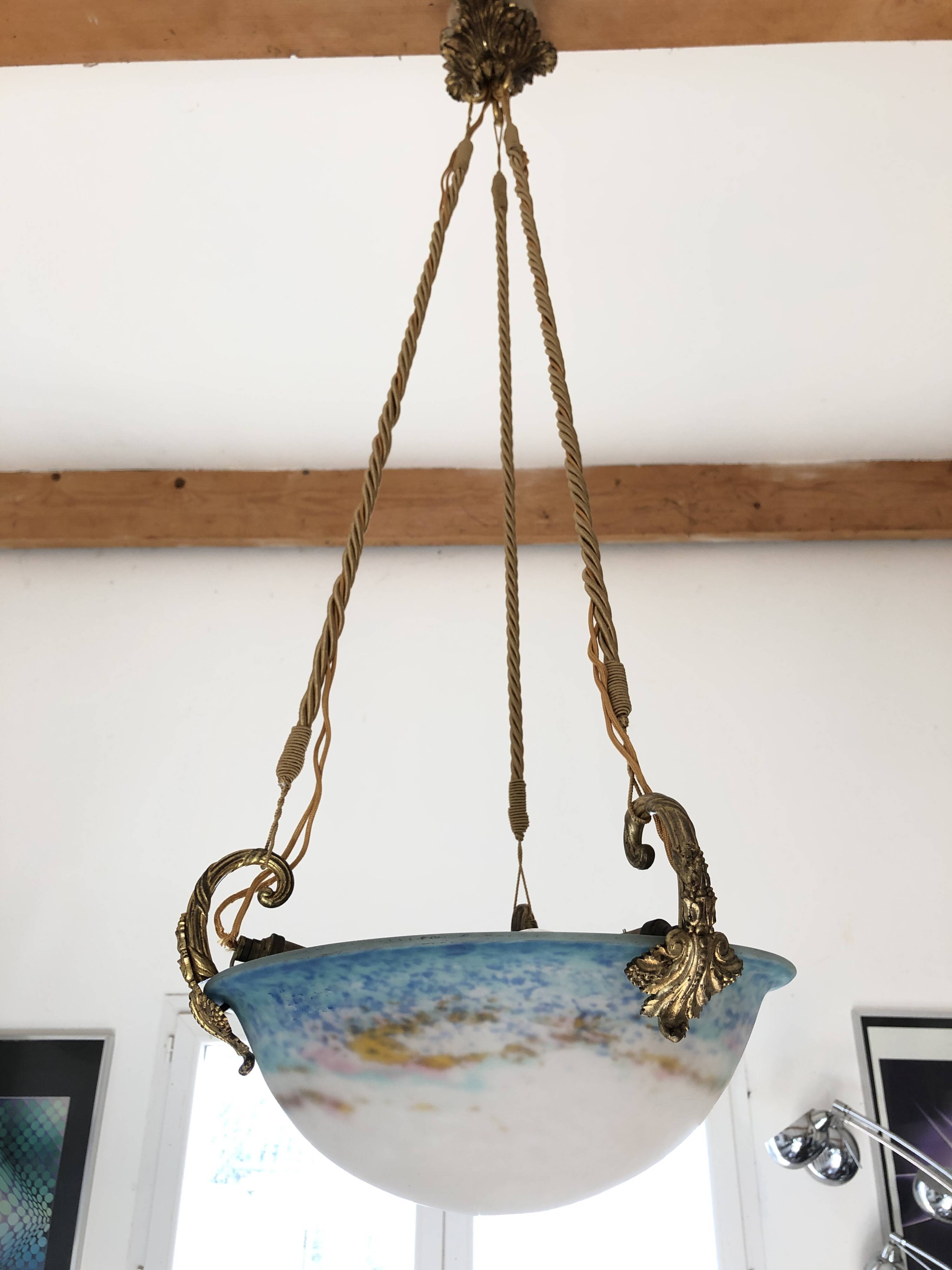 Suspension/Muller Glass Paste/Turquoise Blue & Bronze Frame/Art Nouveau