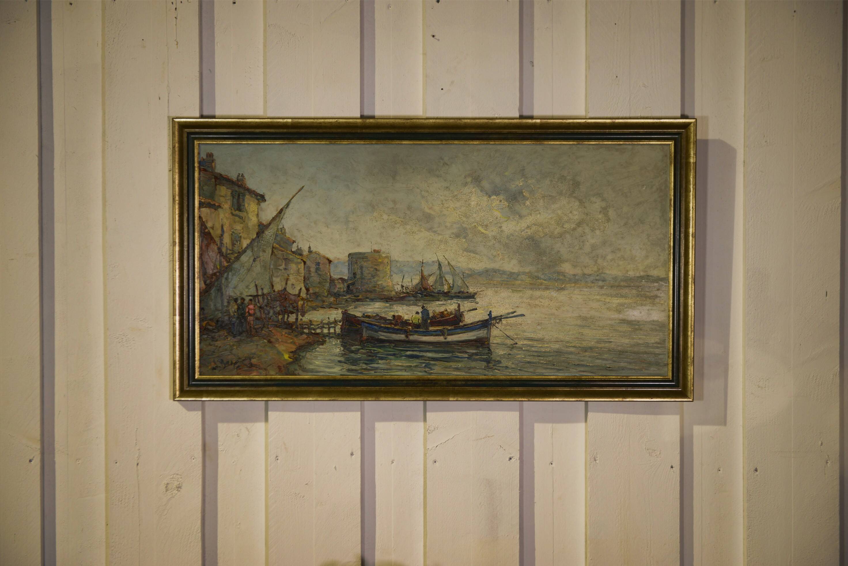 Tableau peinture sur bois impressionniste "Port de pêche" de Maurice Barle, 1940