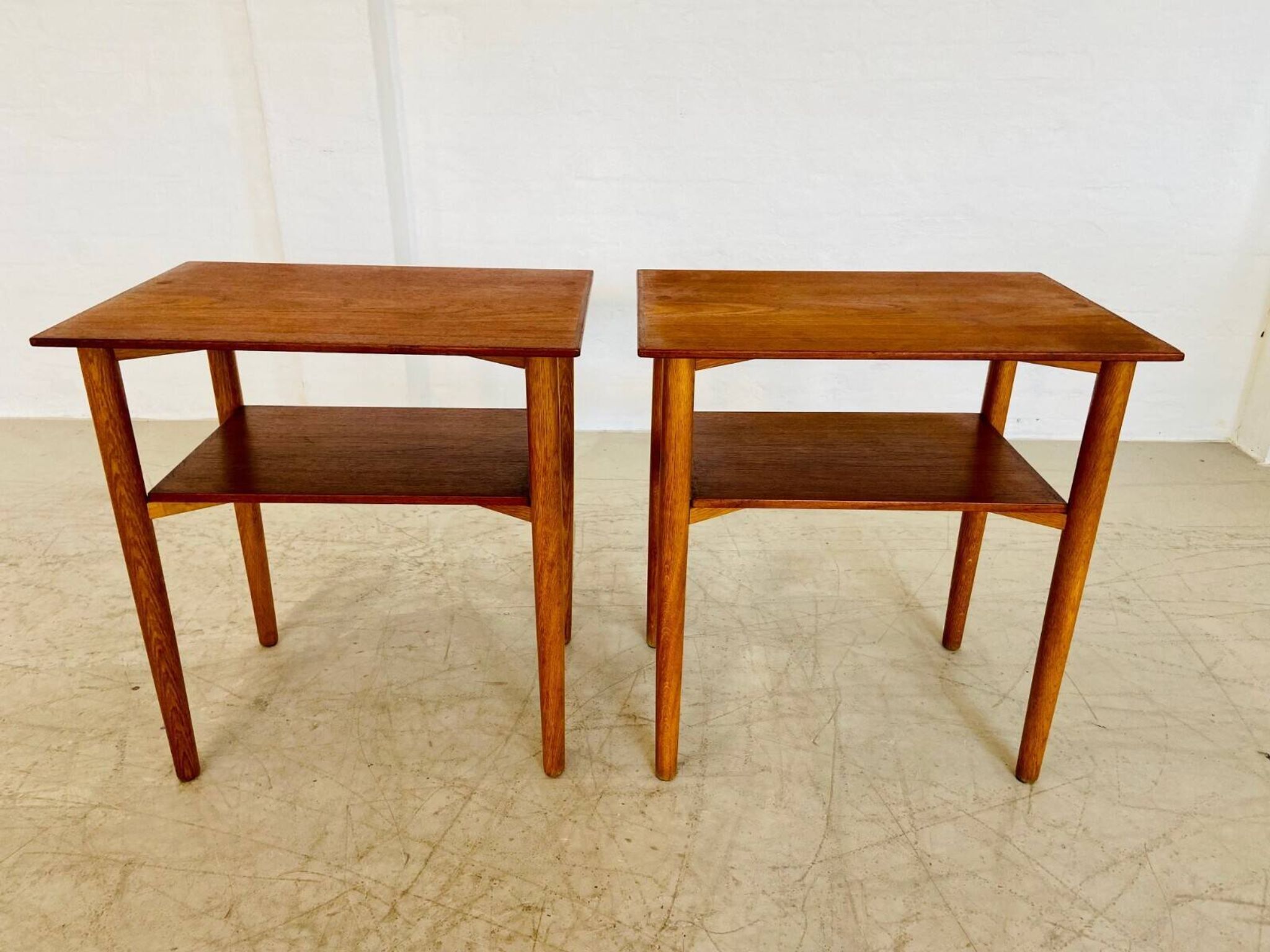 Vintage Danish mid-century teak and oak bedside tables by Næstved Møbelfabrik