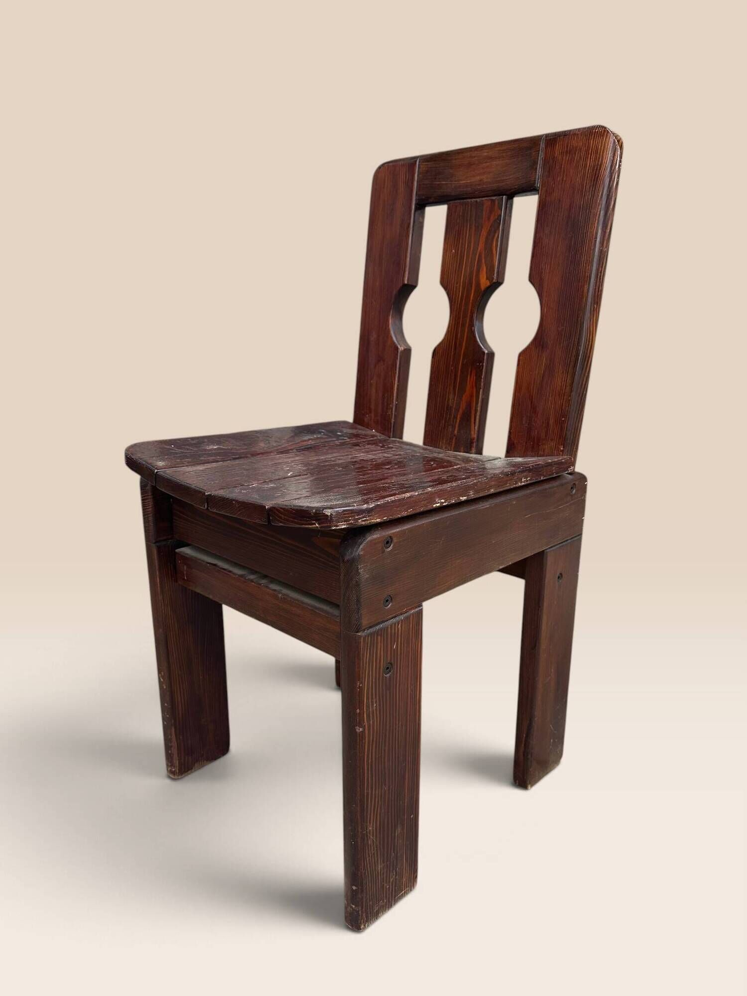 Set of five brutalist chairs in solid pine.