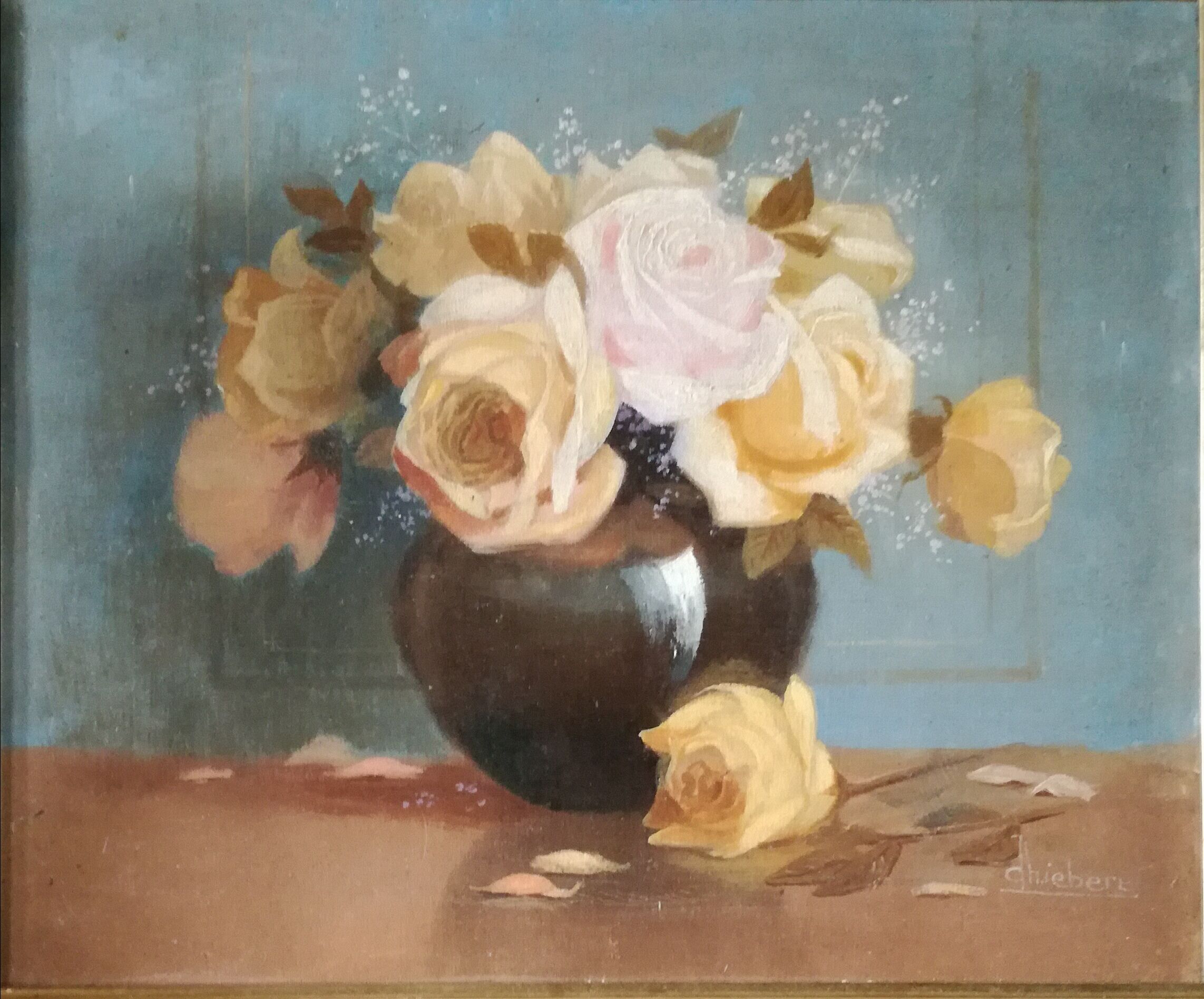 Oil on canvas "bouquets of roses" signed Charles Liebert