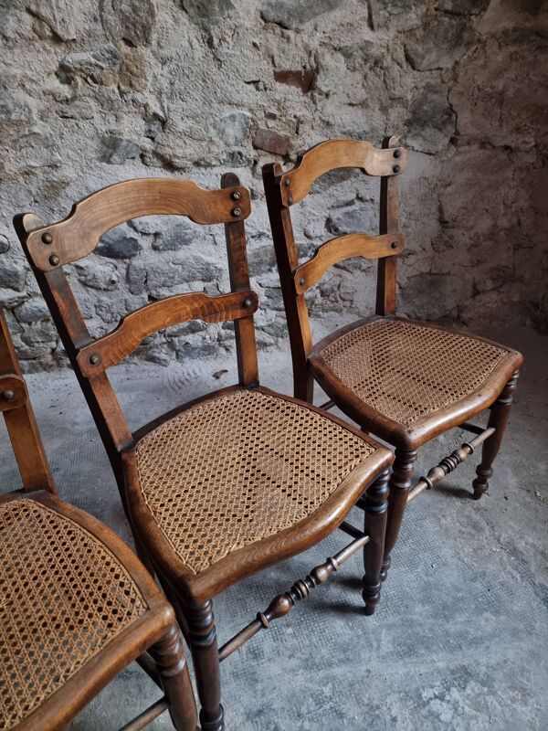 Ensemble de 4 chaises de salle à manger antiques avec assises en cannage, hêtre, France, vers 1900–1920