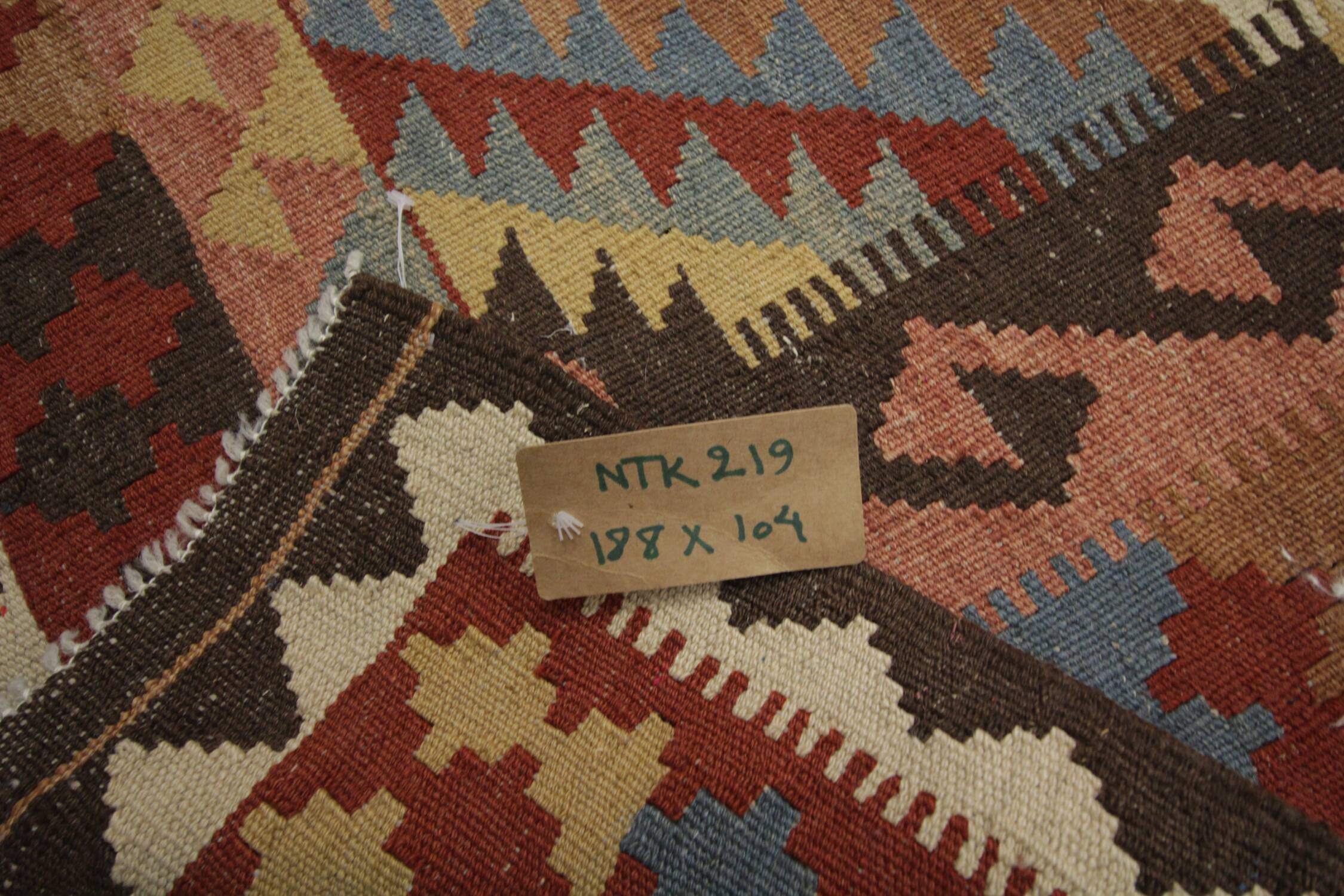 Geometric Tribal Kilim Rug, Handmade Wool Rug in Earthy Browns 104 x 188 cm