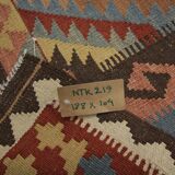 Geometric Tribal Kilim Rug, Handmade Wool Rug in Earthy Browns 104 x 188 cm