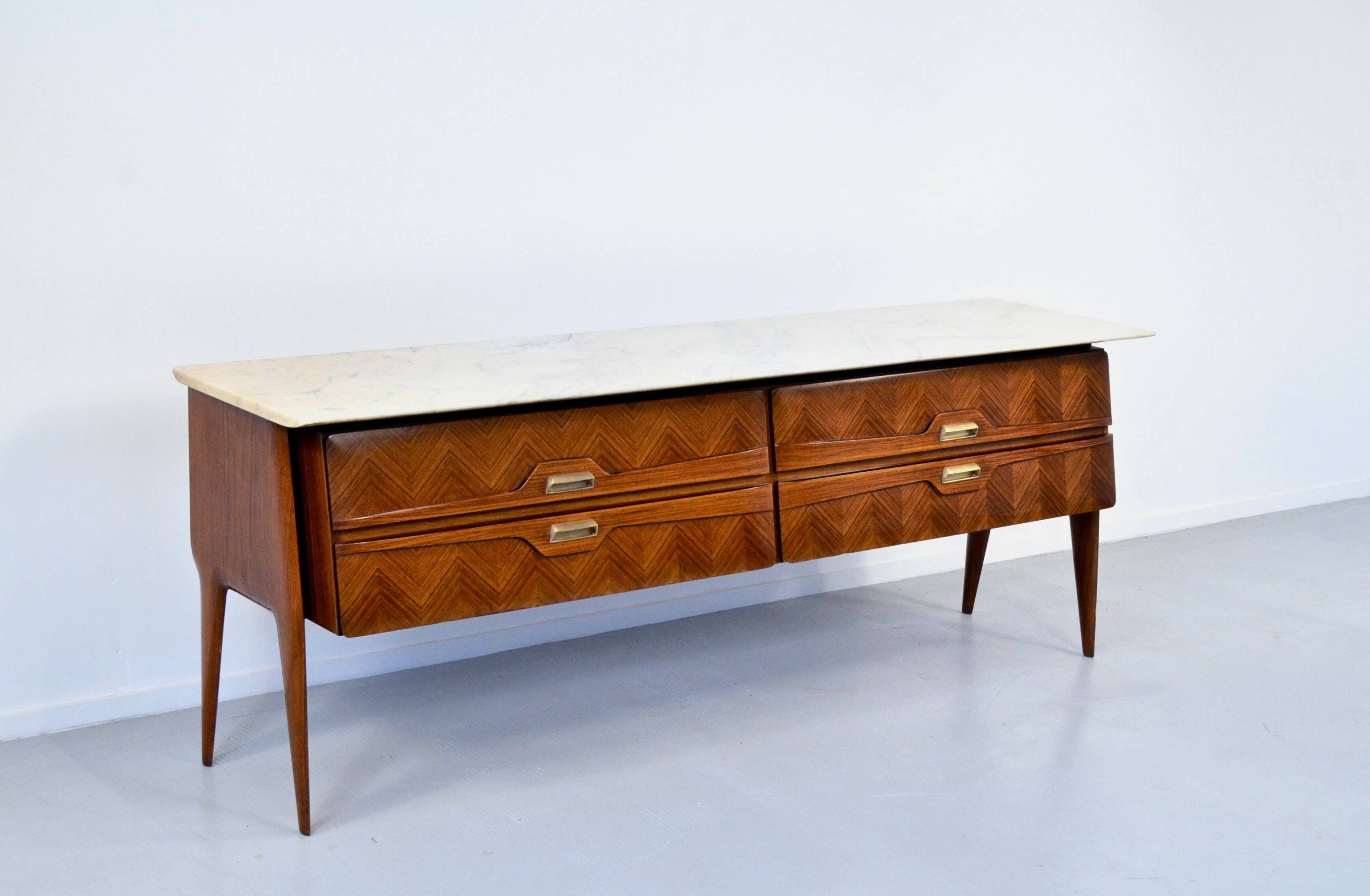 Italian Midcentury Sideboard in Rosewood, Carrara Marble and Brass