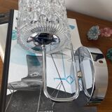 Swan neck wall light in stainless steel, thick glass shade, stainless steel rose.