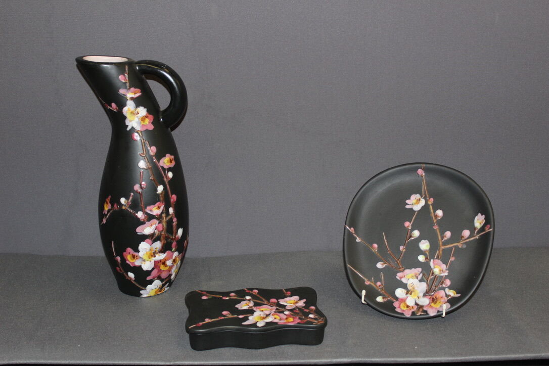 Set Of Three Ceramics By Giraud in Vallauris Apple Blossoms