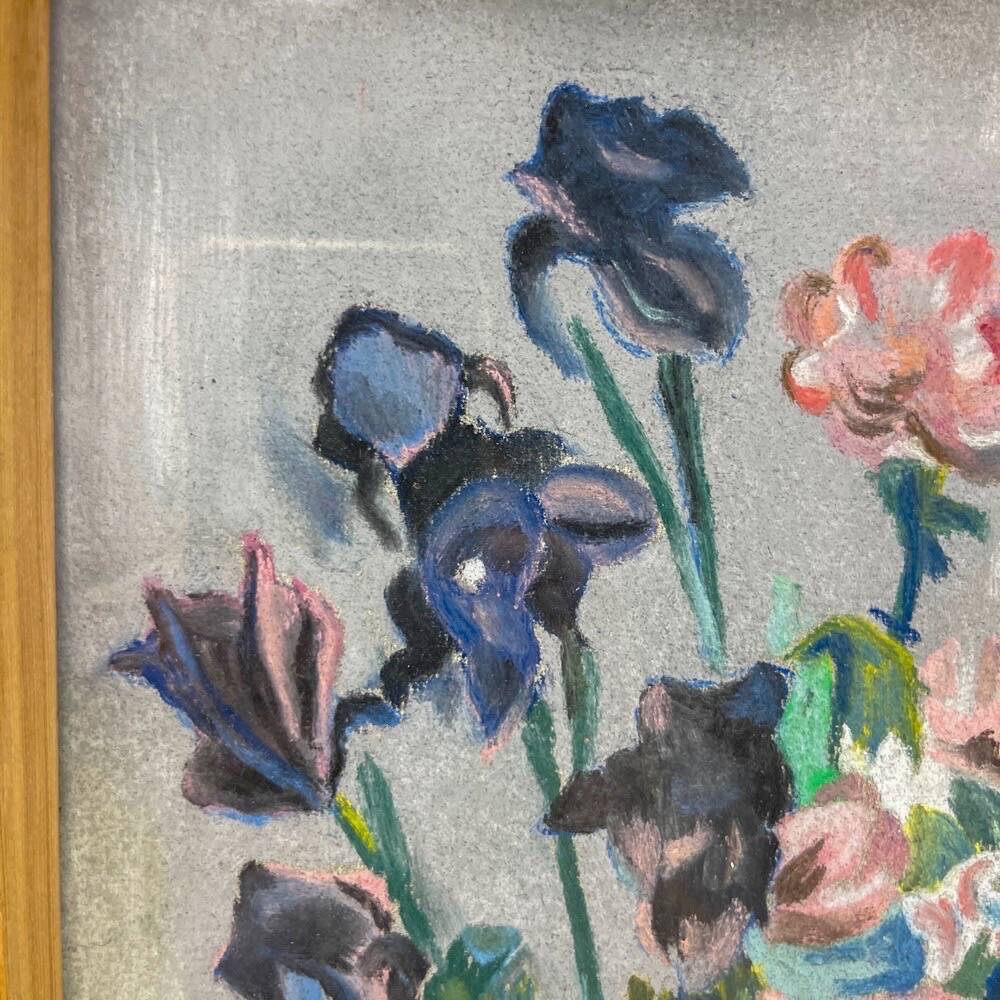 Pastel still life of iris and carnations