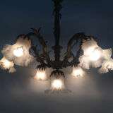 Old bronze chandelier with glass tulips with 7 fires. Nineteenth chandelier