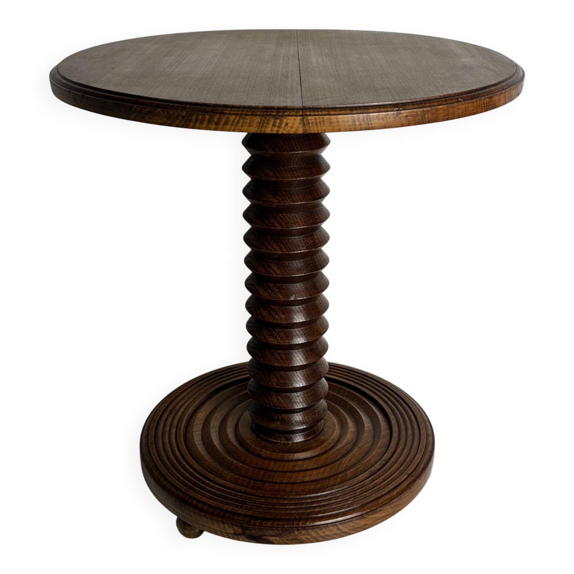 Table d'appoint brutaliste en bois tourné avec pressoir à vin