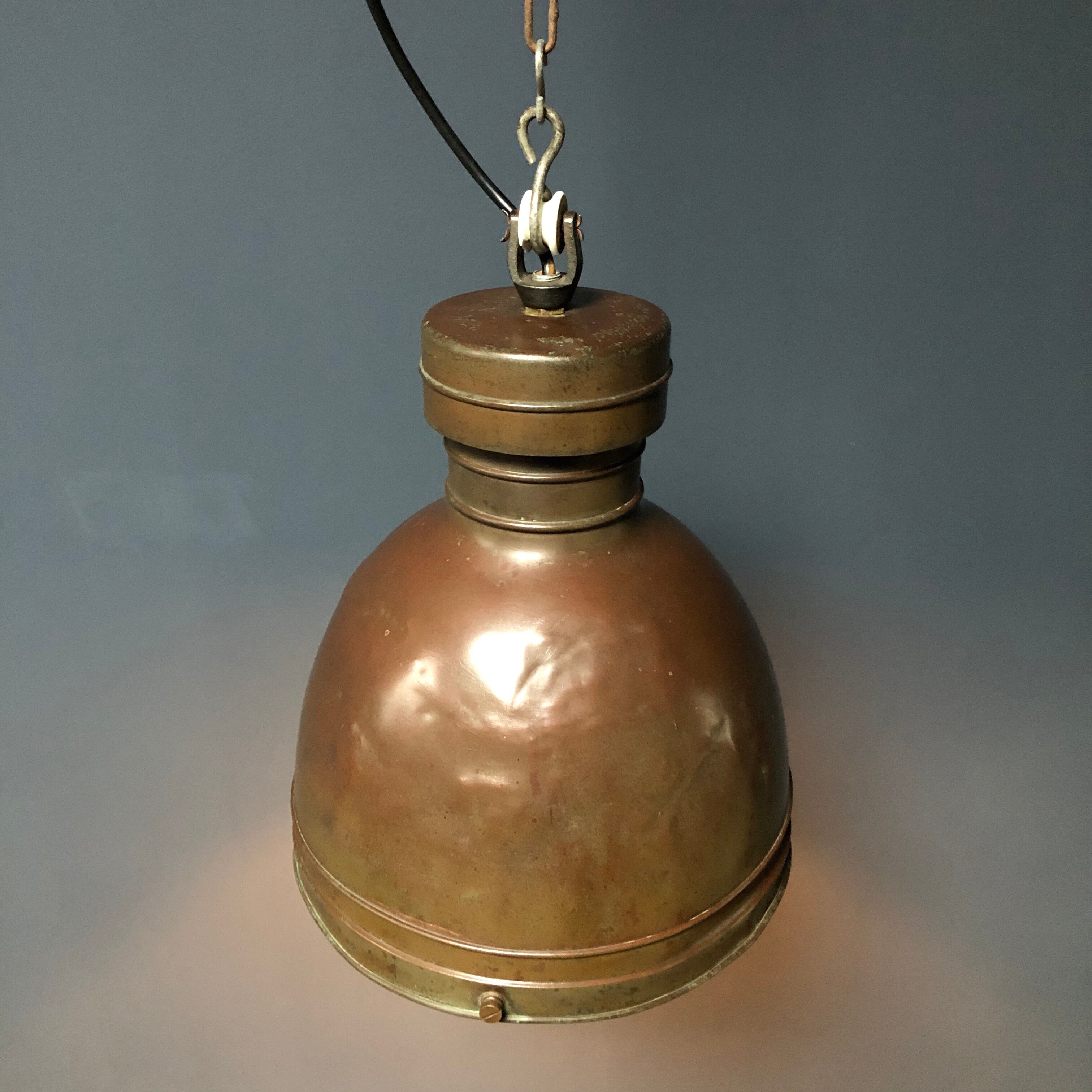 Old copper industrial church pendant light, Dutch 1930