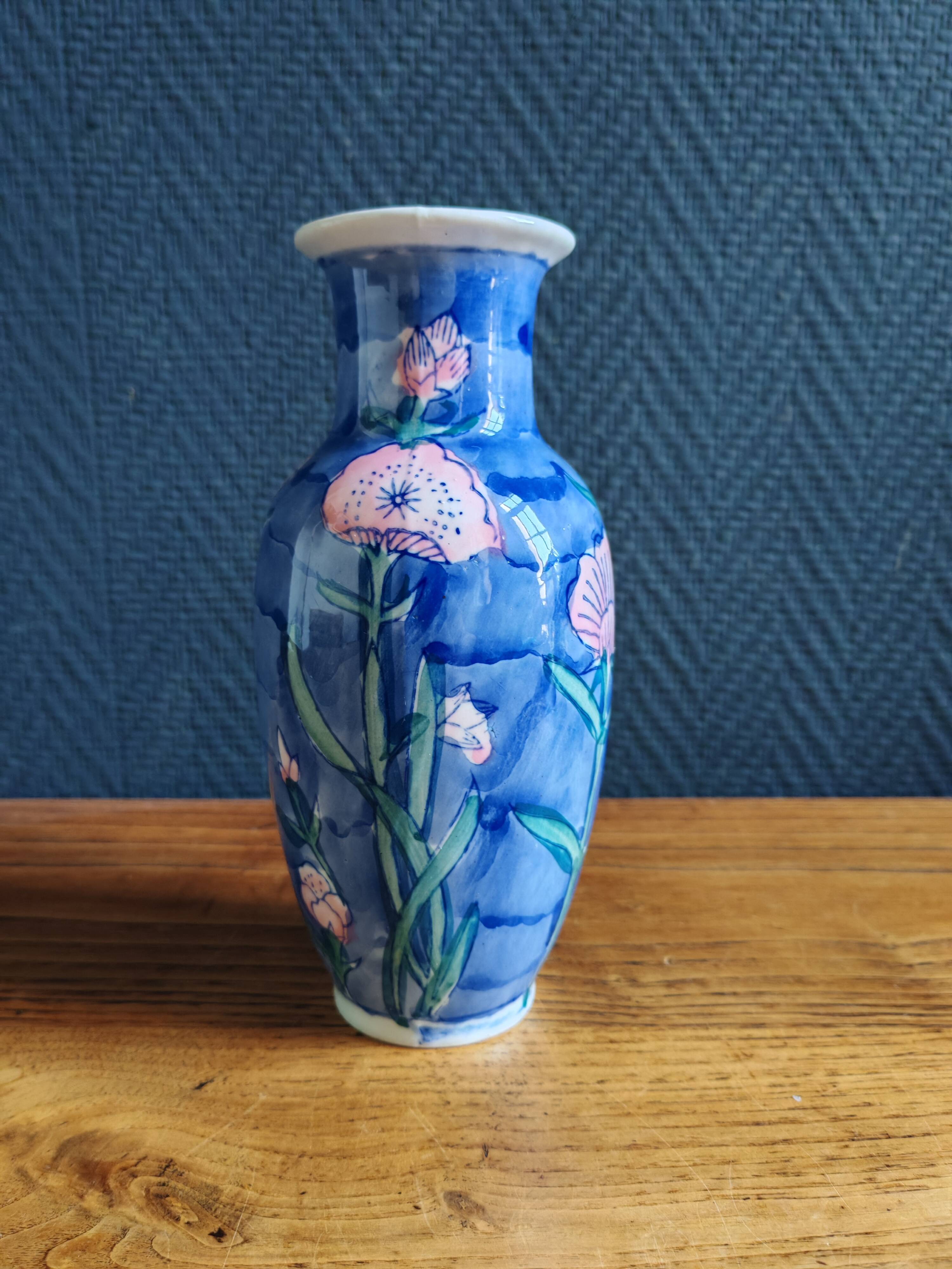 Vintage Blue Ceramic Vase with Pink Floral Decoration, Shabby Chic Style