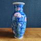 Vintage Blue Ceramic Vase with Pink Floral Decoration, Shabby Chic Style