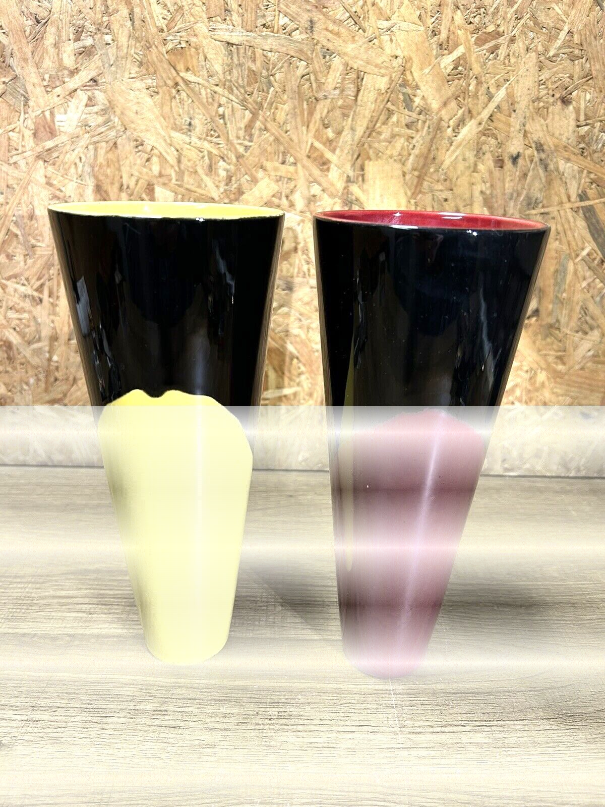 Pair of vases 70s, vintage black, yellow, red, deco pop, space age