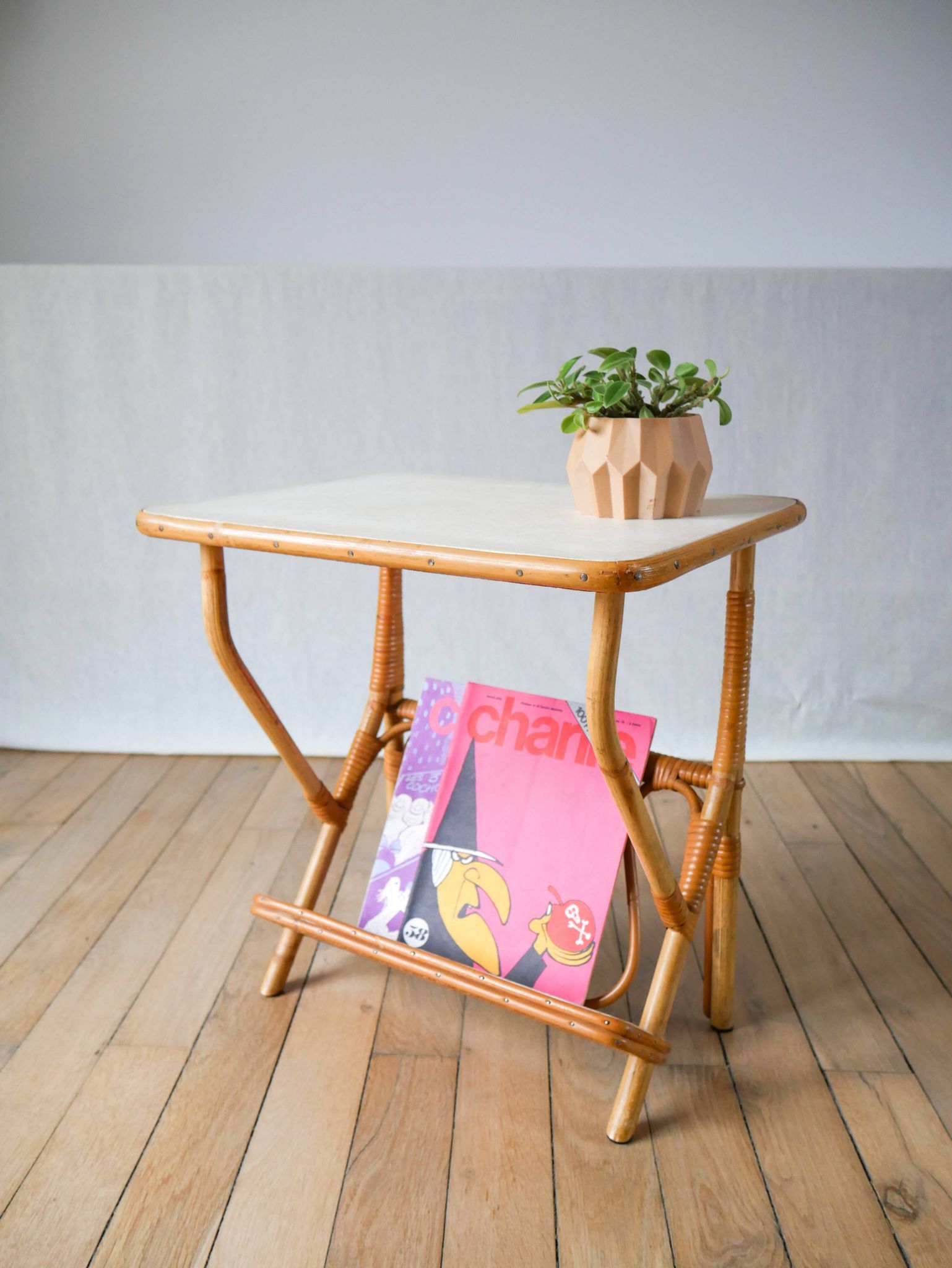 1960s rattan and bamboo side table with magazine rack