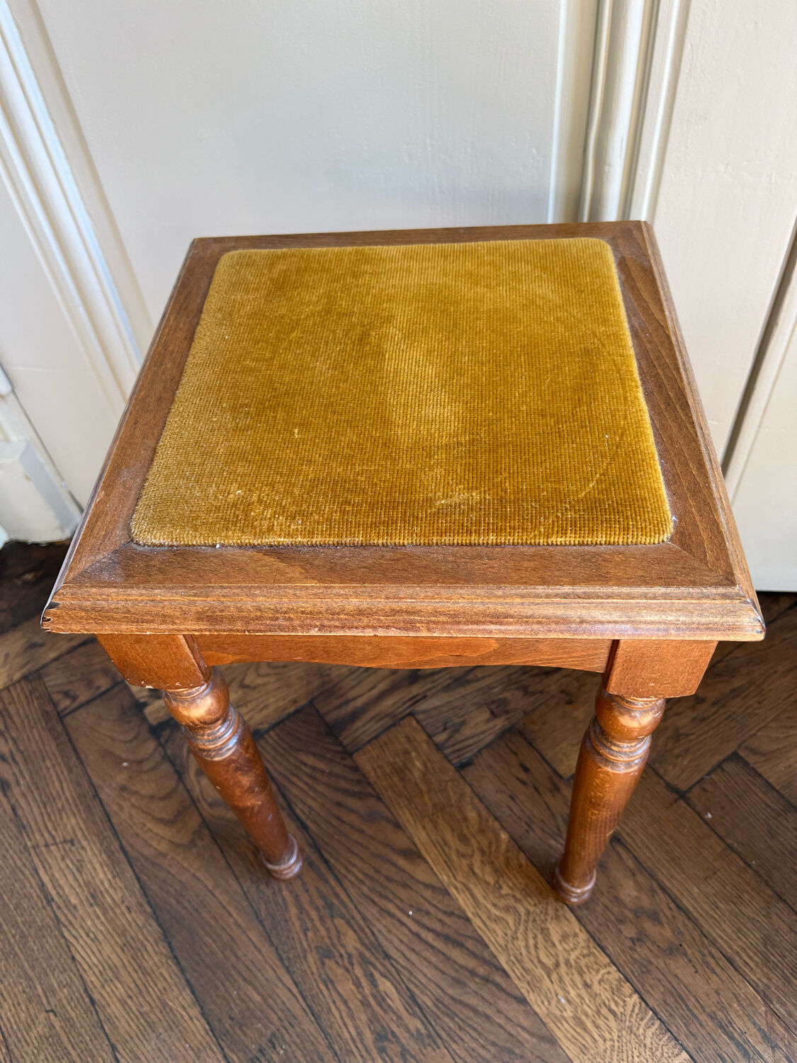 Antique wooden stools, velvet seats