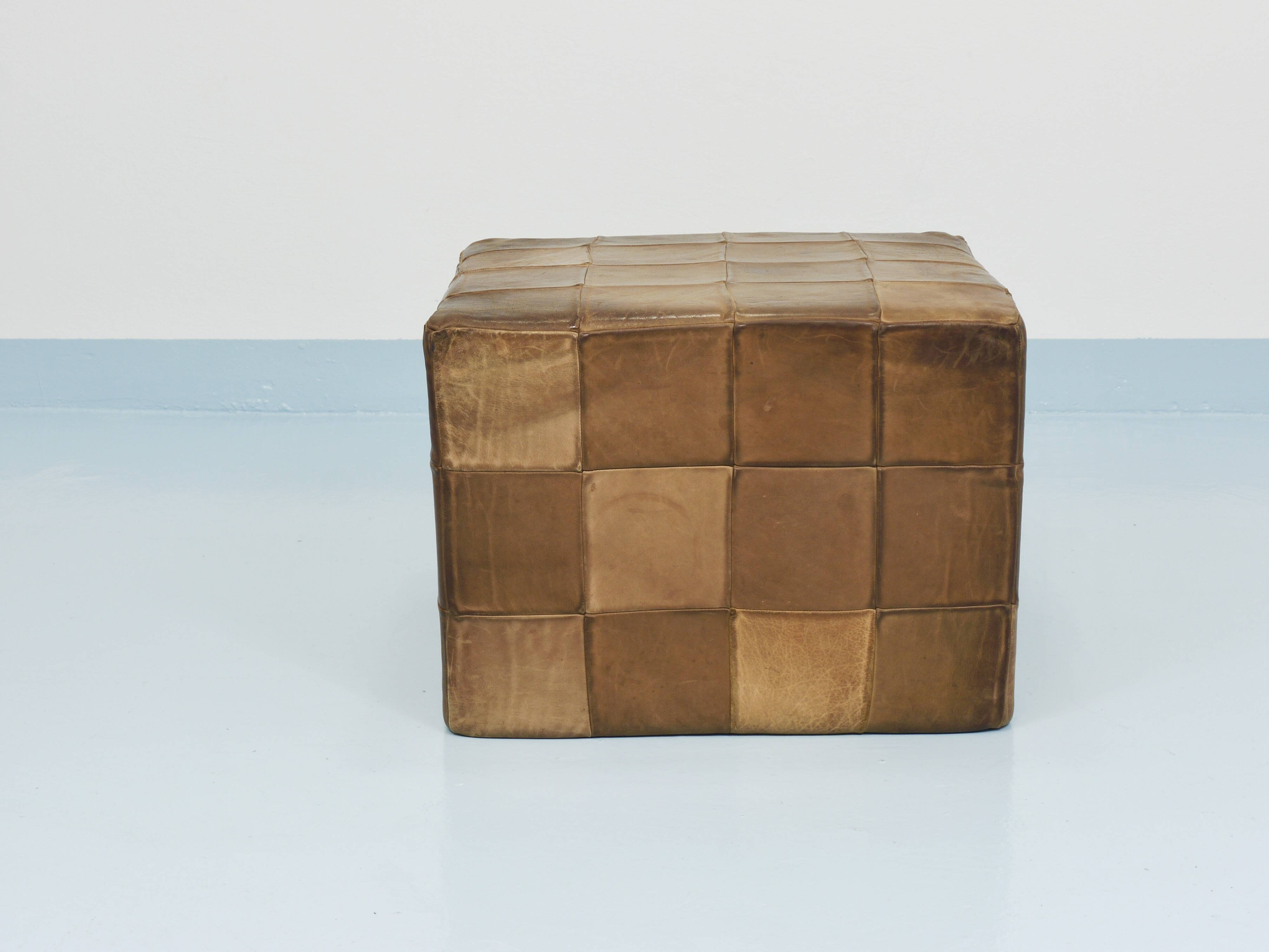 De Sede Patchwork Leather Cube Stool, Pouf, Ottoman, Switzerland, 1970s