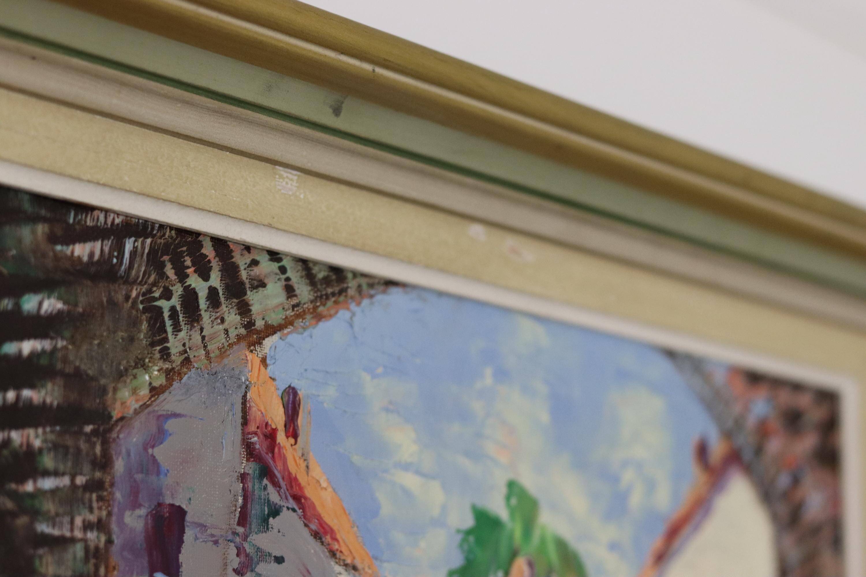 Original 1950s Swedish modernist oil painting on canvas "Street View" by CHARLES SCHÖLANDER.