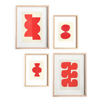 Collection of 4 abstract red paintings on paper signed Eawy