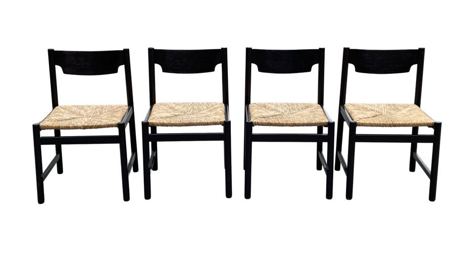 4 vintage dining room chairs with braided seat in wenge wood, 1970s