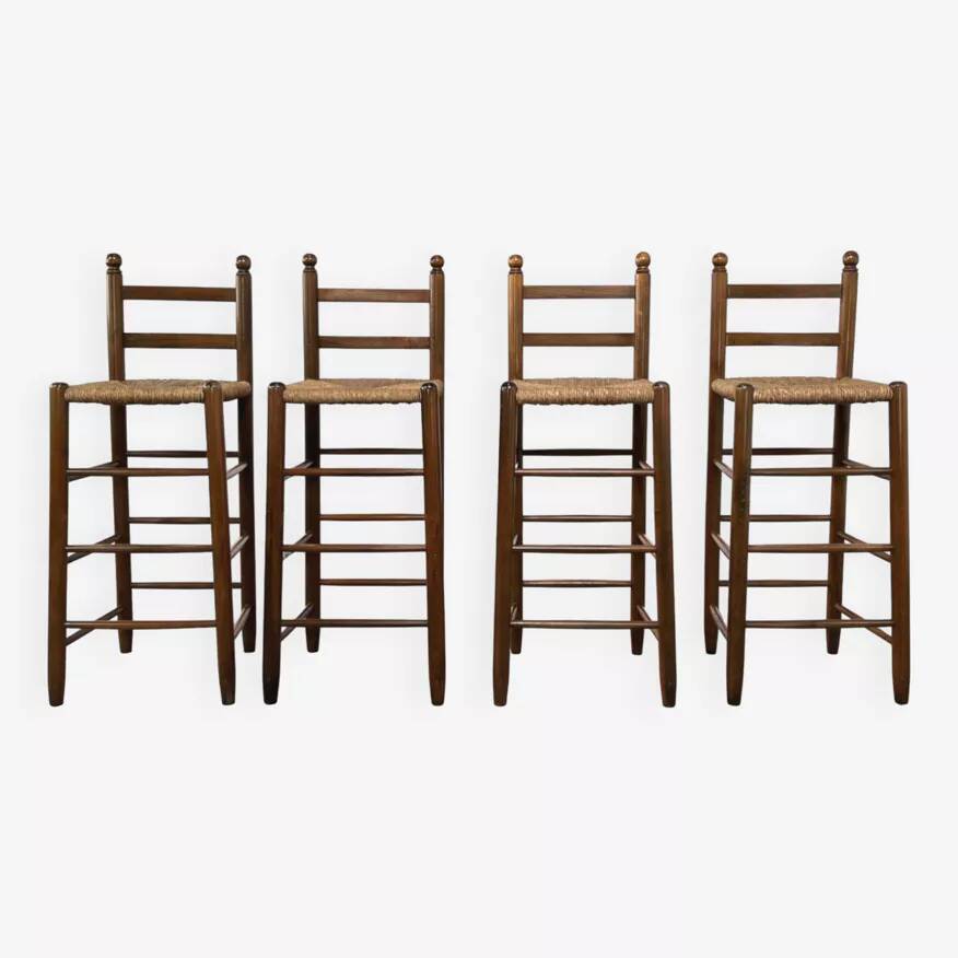 Set of 4 50s bar stools in wood and woven straw seat