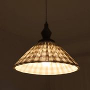 "Olga" pleated pendant light in beige checked fabric and turned wood finish
