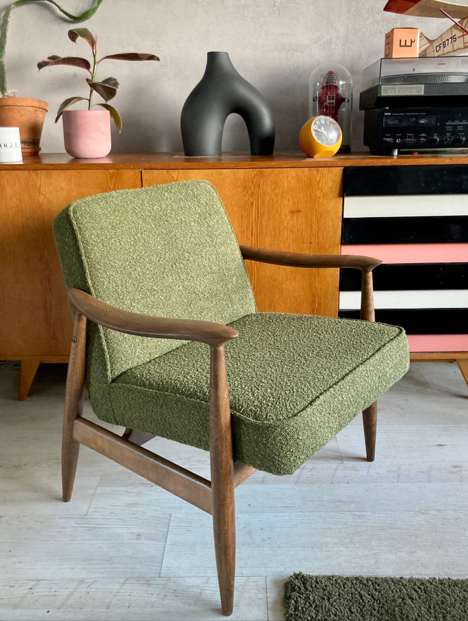 Original vintage polish chair GFM-87 designed by Juliusz Kędziorek in curled fabric