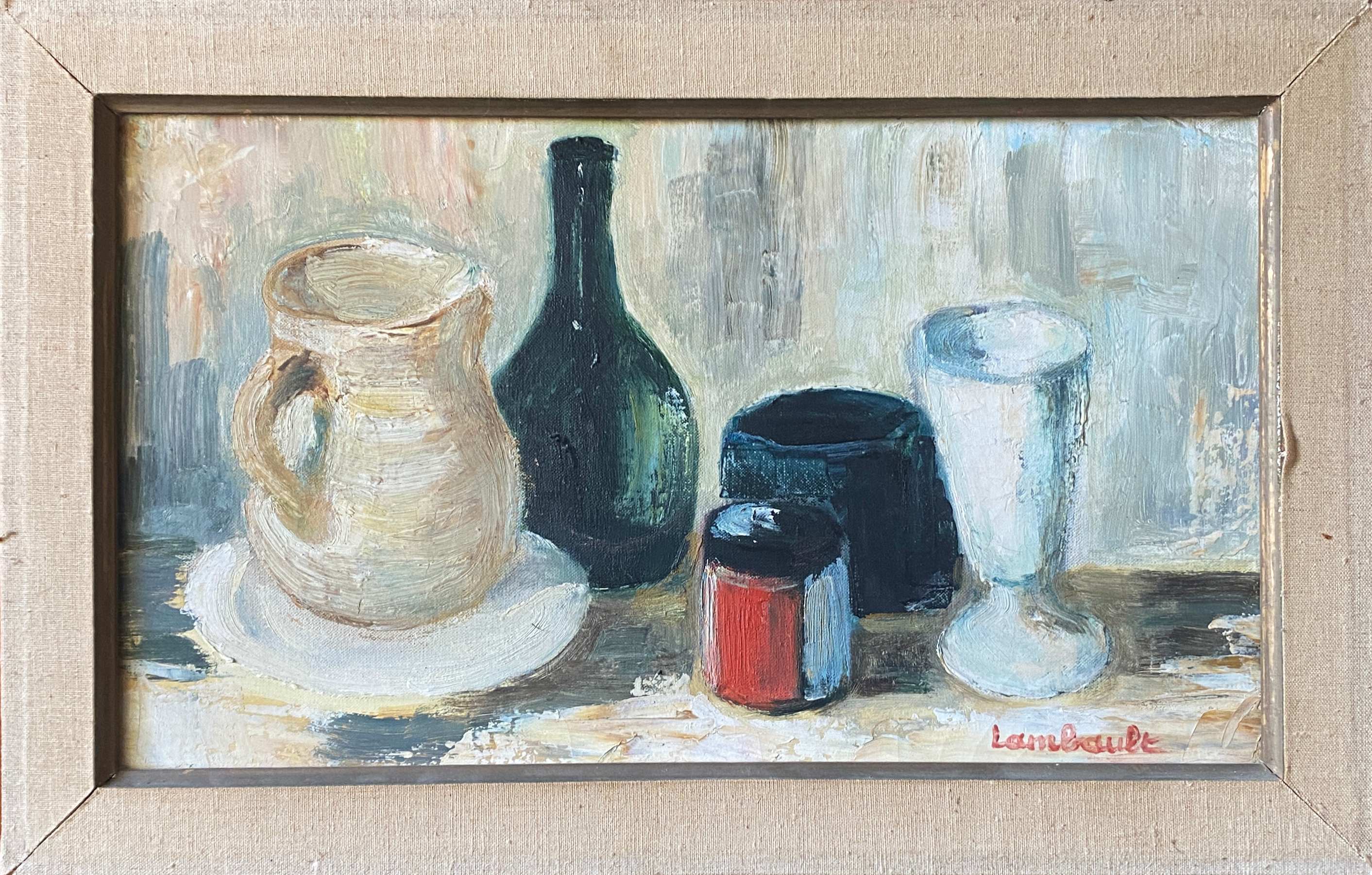 Painting HST "Still life with the bottle" signed M. Lambault (1891-1983)