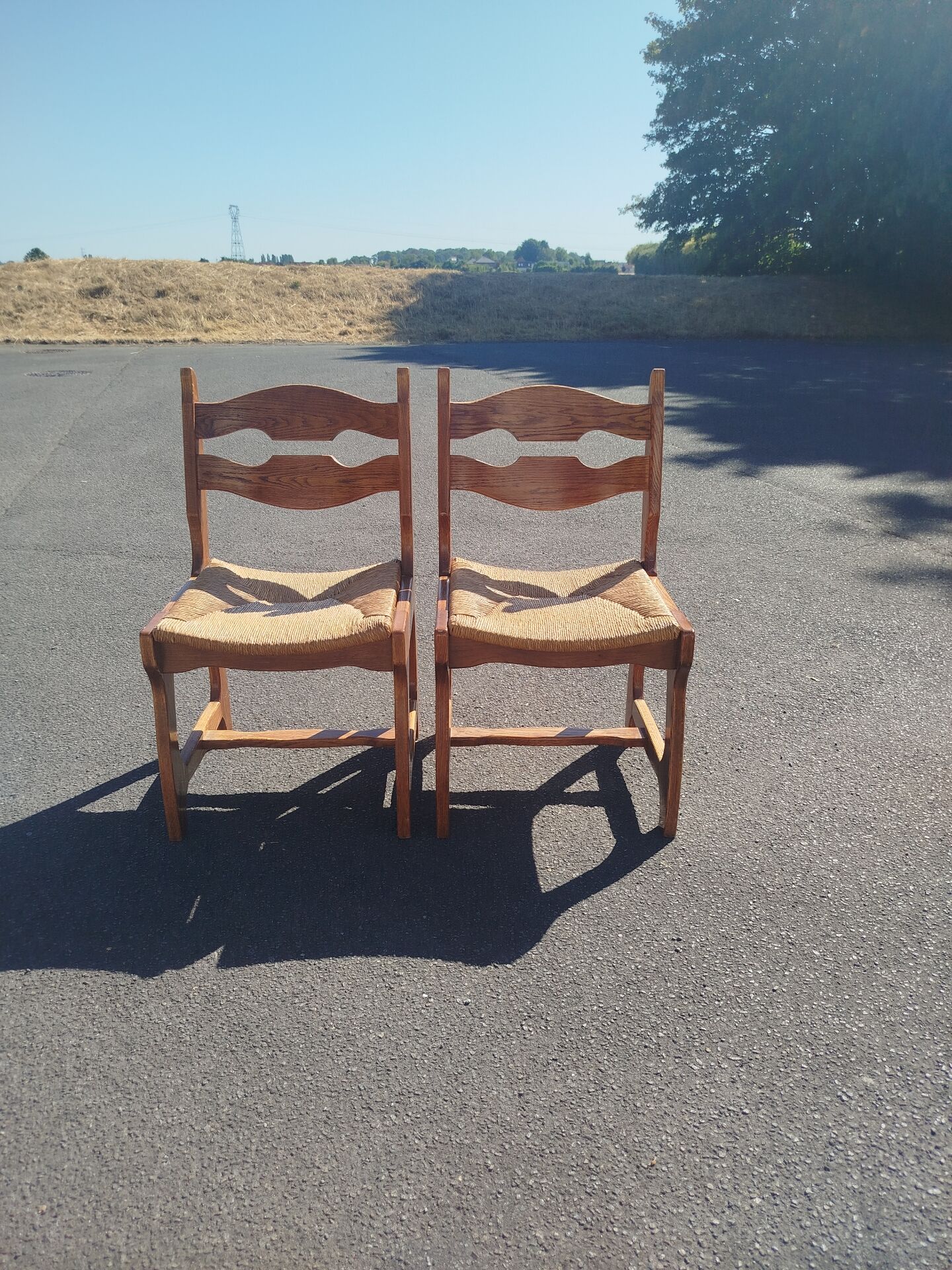 Pair of Brutalist Guillerme and Chambron Chairs in Solid Oak with Wove
