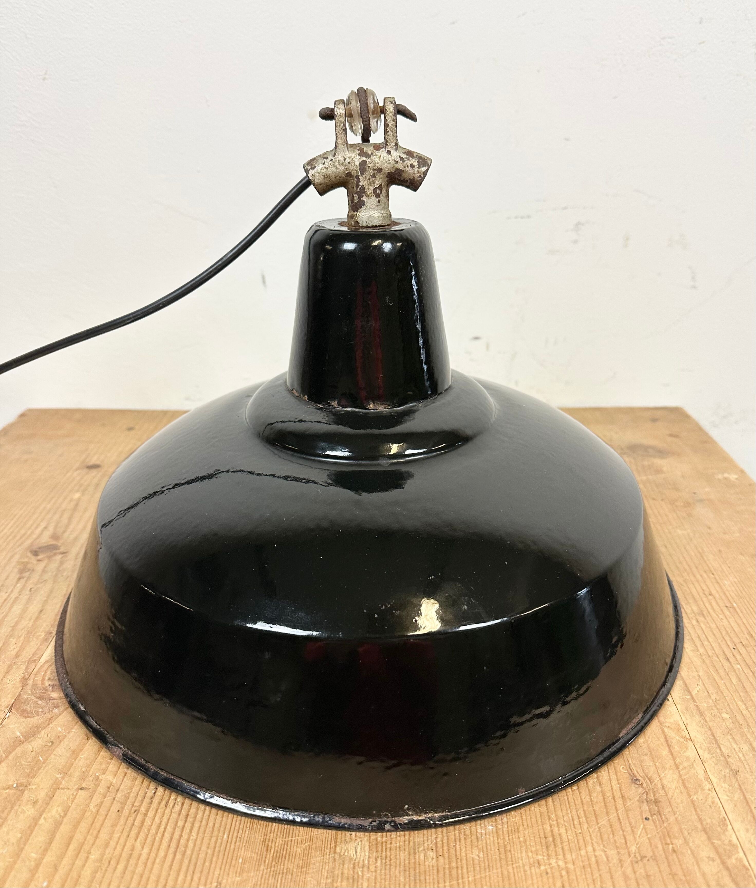 Industrial Black Enamel Factory Lamp with Cast Iron Top, 1950s